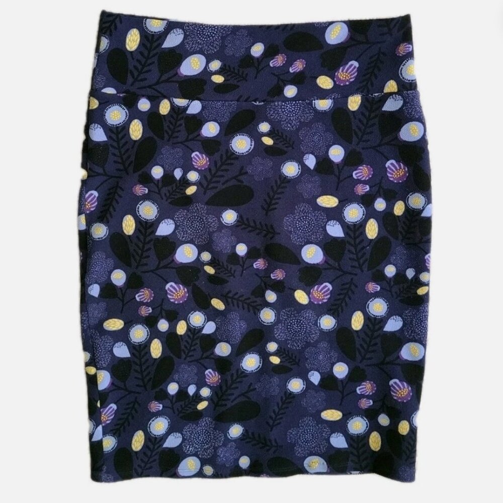 LuLaRoe Midi Skirt Sz Large Blue Yellow Geometric Floral Pull On